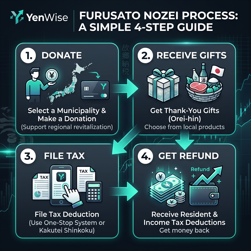 Flowchart showing the Furusato Nozei process: donate → receive gifts → file taxes → get credit