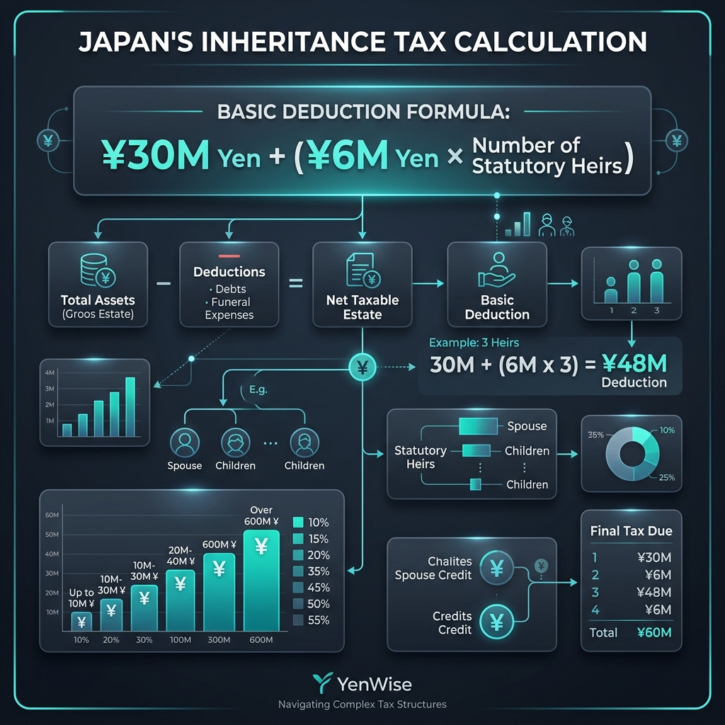 Ilustrasyon na nagpapakita ng pagkalkula ng inheritance tax na may basic deduction at progressive rates