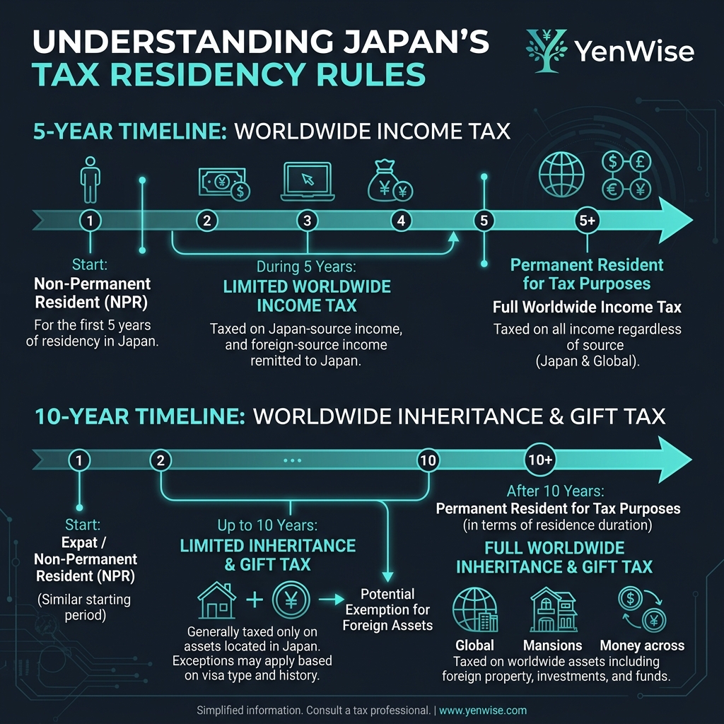 Diagram na nagpapakita ng mga panuntunan sa paninirahan sa buwis sa Japan na may 5 taon at 10 taon na mga timeline