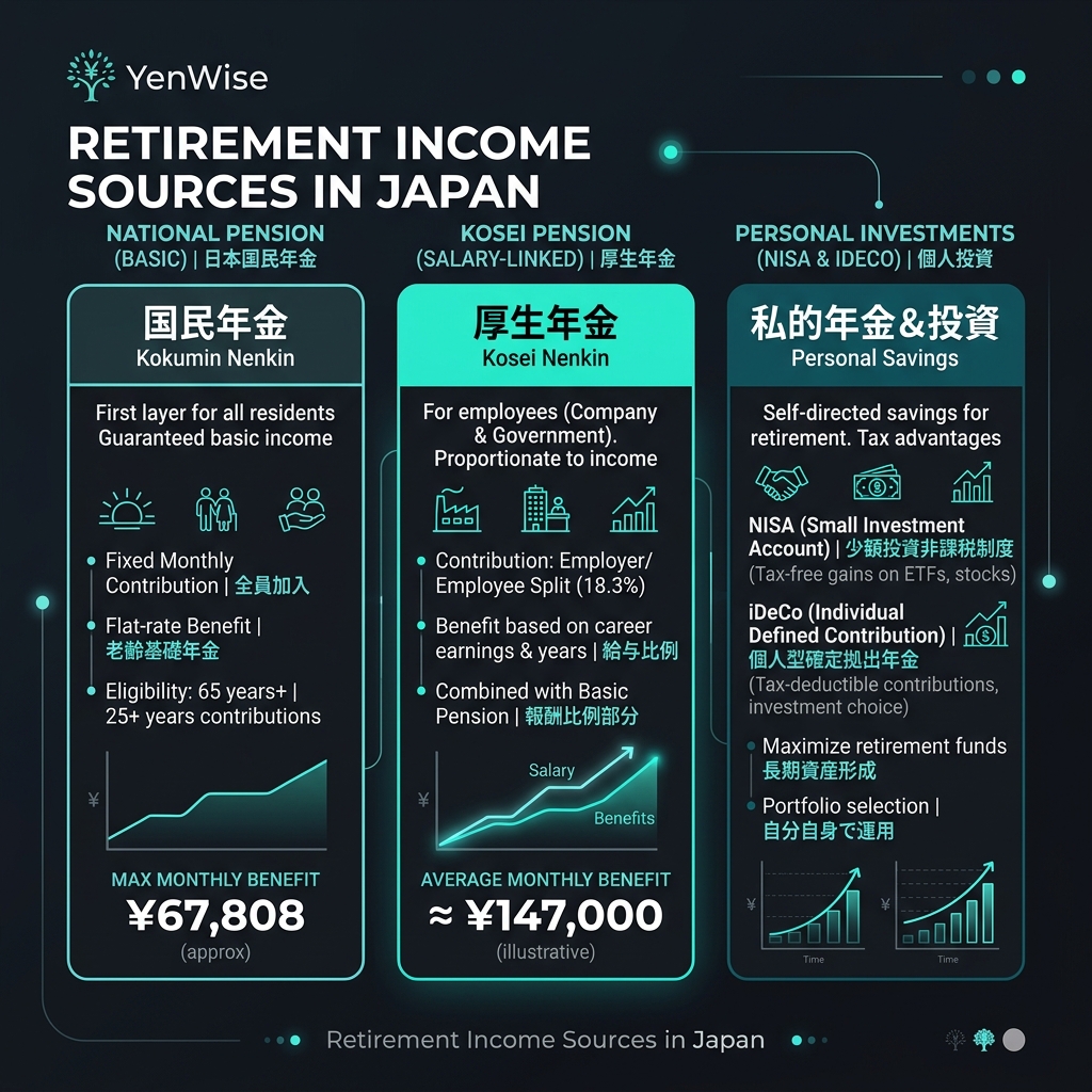 Bagan yang menunjukkan sumber pendapatan pensiun di Jepang: nenkin, investasi, dan pekerjaan paruh waktu